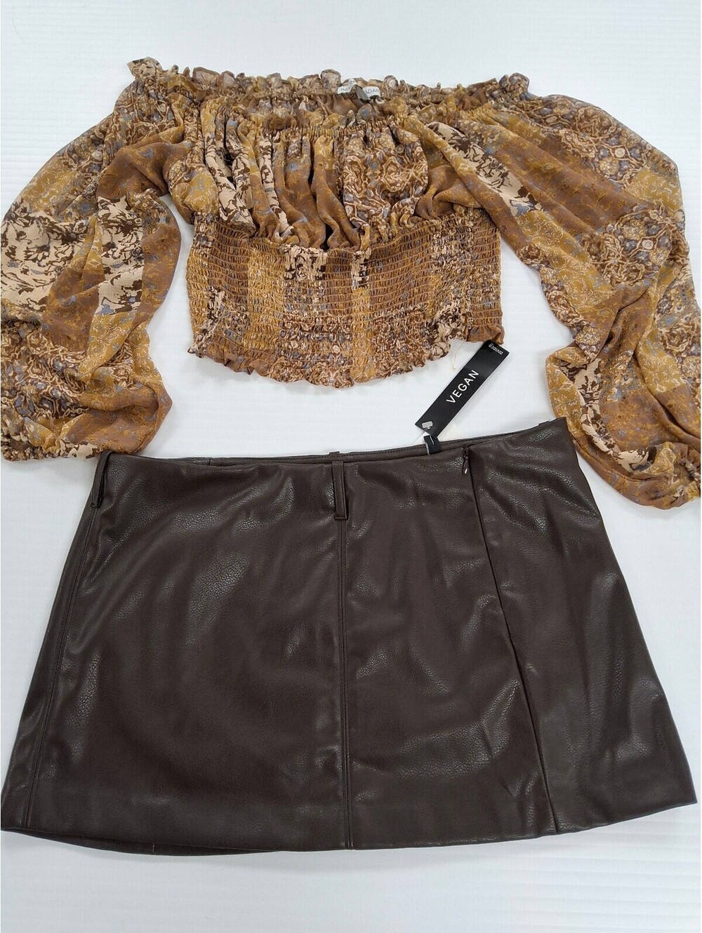 H&M Vegan Brown Faux Leather Mini Skirt with Beyond the Radar Patchwork crop top